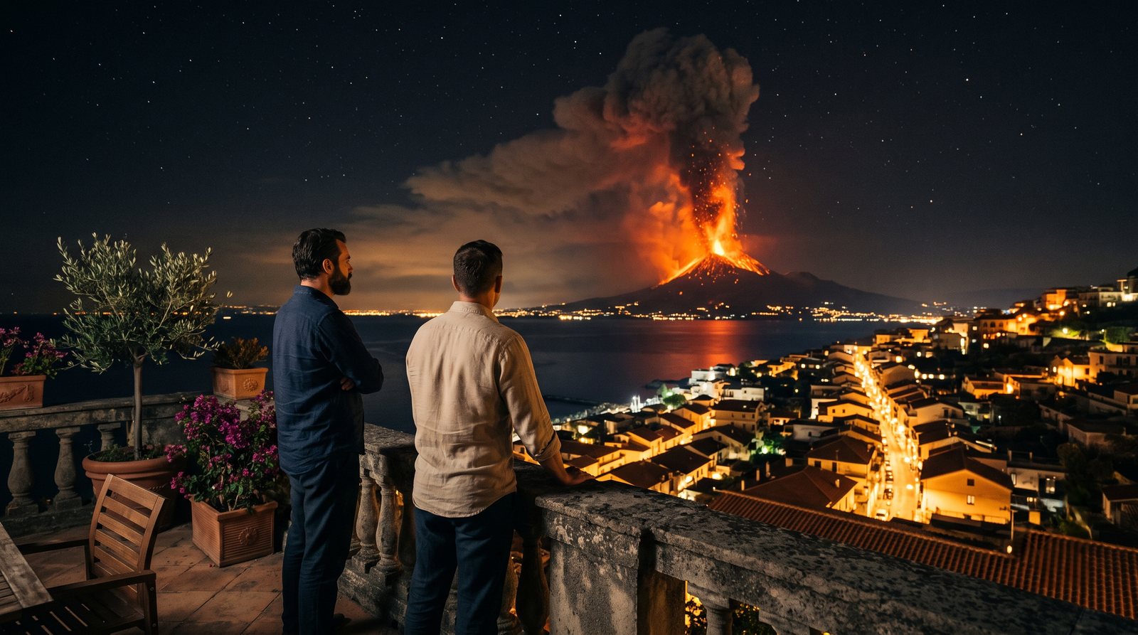 A distant volcano erupting over a lit coastal town while two men watch from a terrace